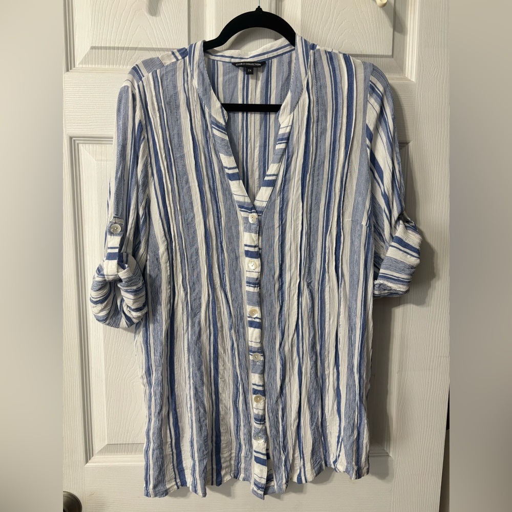 Club Z Collection 2X Blue White Striped Roll-tab Sleeve Tunic Top Coverup Gauzy
